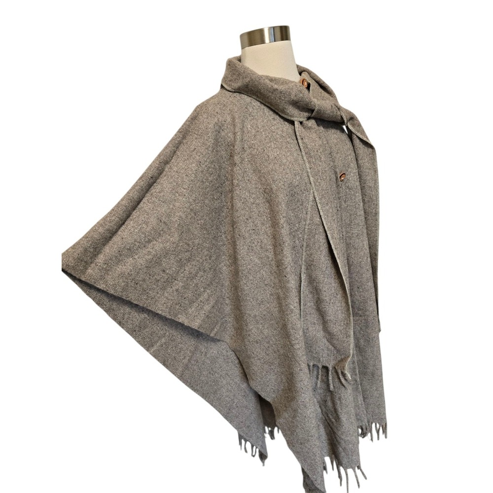 Womens Vintage Wool‎ Poncho Coat With Scarf Fringe Edges Gray / Tan Long